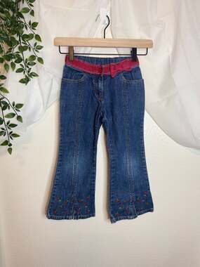 Vintage Gymboree Girls Size 5 Embroidered Rose Flare Jeans Red Ribbon Bow Belt